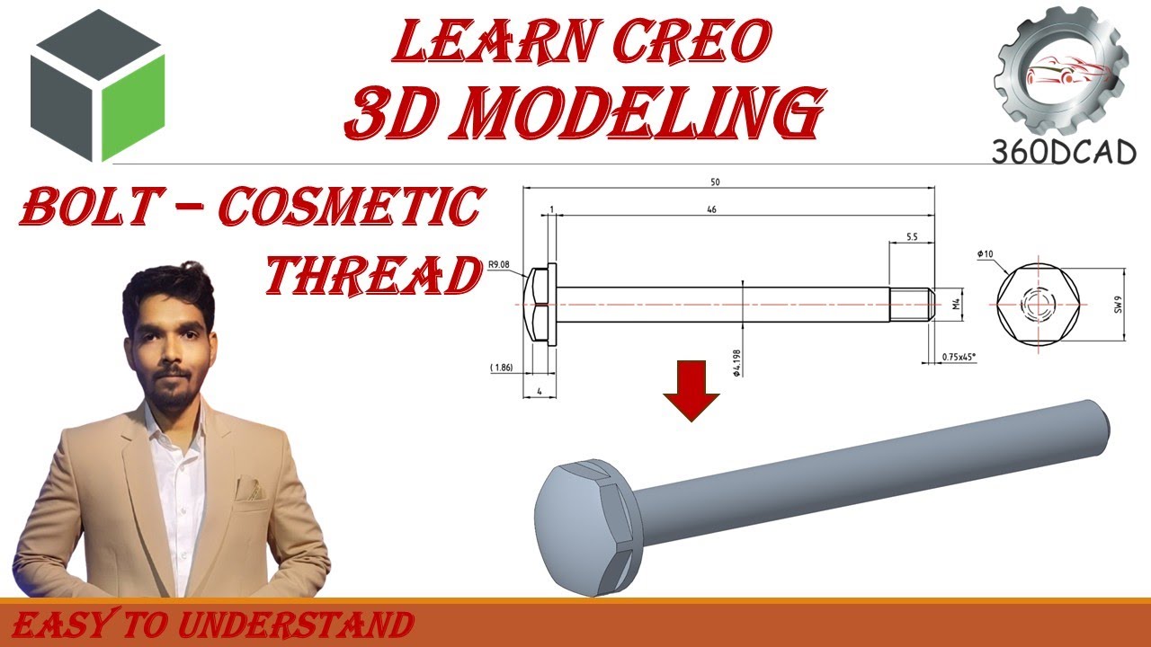 Creo Part Modeling: Bolt Design - with ISO standard Cosmetic Thread | In Hindi