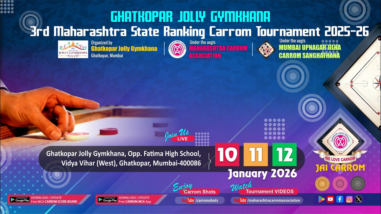 MCA Live Carrom: SF1/293 - Prashant S More ( Mumbai ) vs Mohd. Ghufran ( Mumbai ) | 3rd Jolly Gym