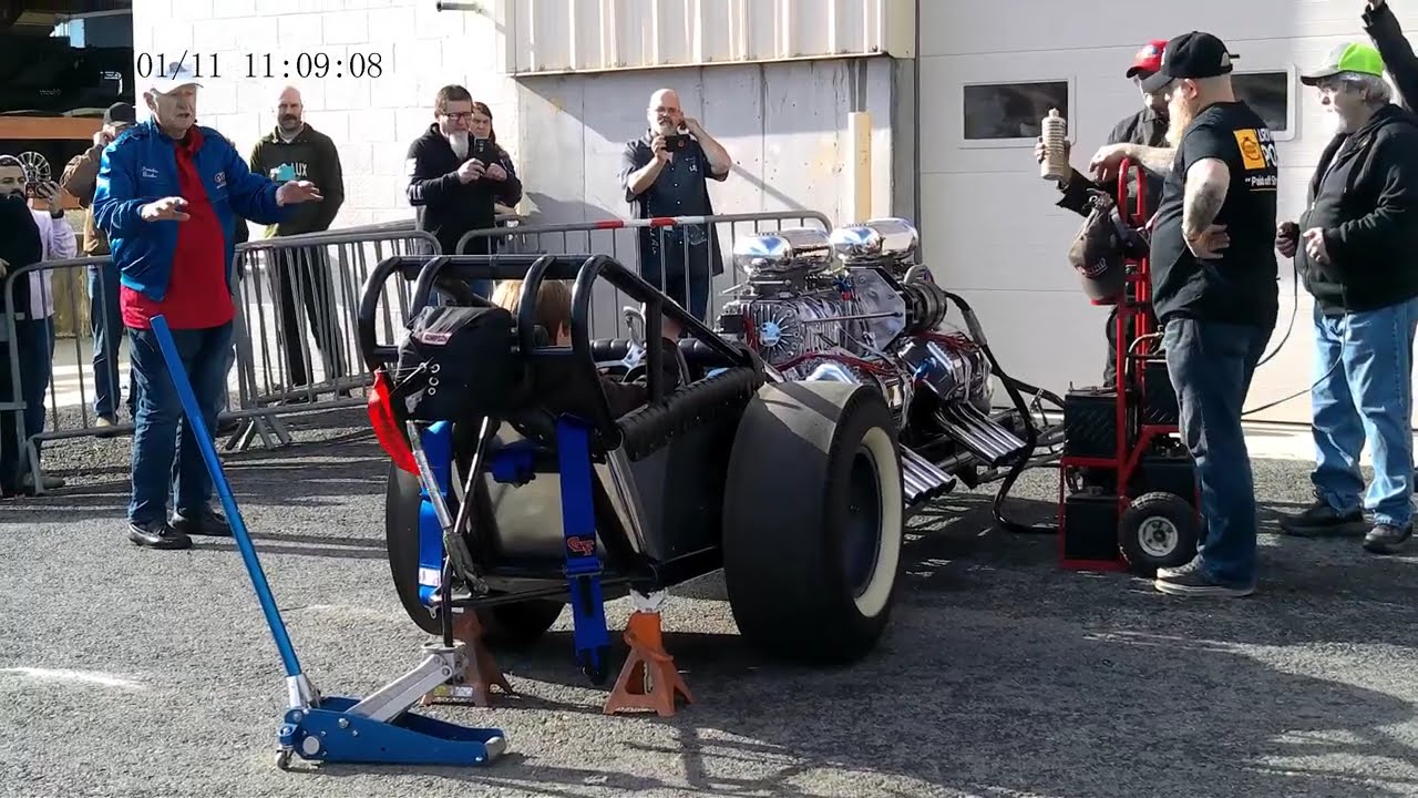 HOLD YOUR EARS WHILE TWIN ENGINES  FIRE UP FRONT ENGINE DRAGSTER