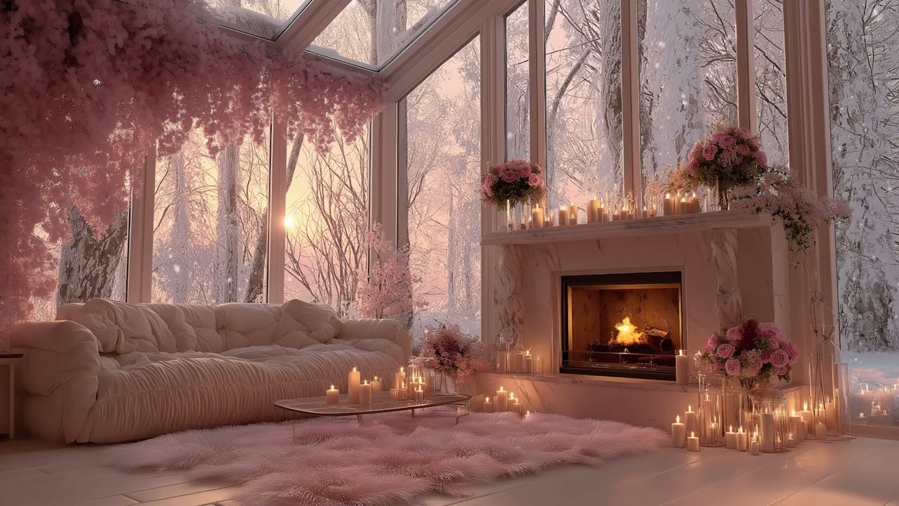 Intimate Fireplace Ambience with Snow Outside for Peaceful Romantic Winter