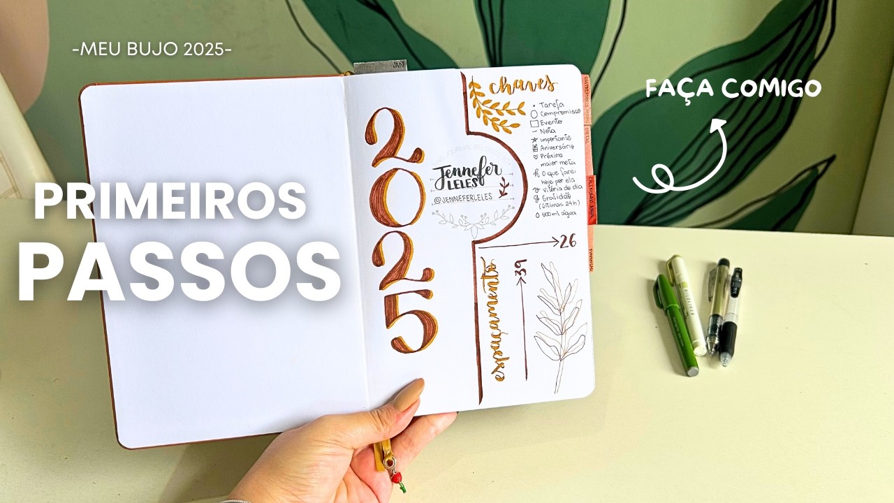 BULLET JOURNAL 2025 capa, chaves e grade de espaços Planeje comigo BuJo 2025
