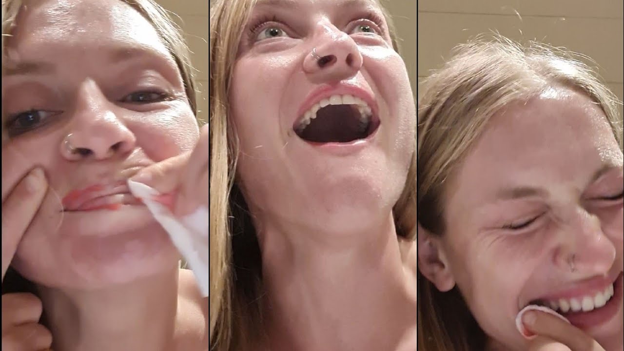 White girl having fun while rubbing her lips