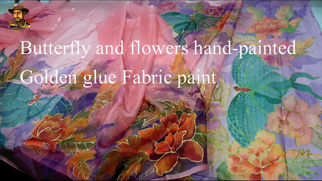 Butterfly and flowers hand-painted design on muslin saree  || Golden color painting on Silk Fabric