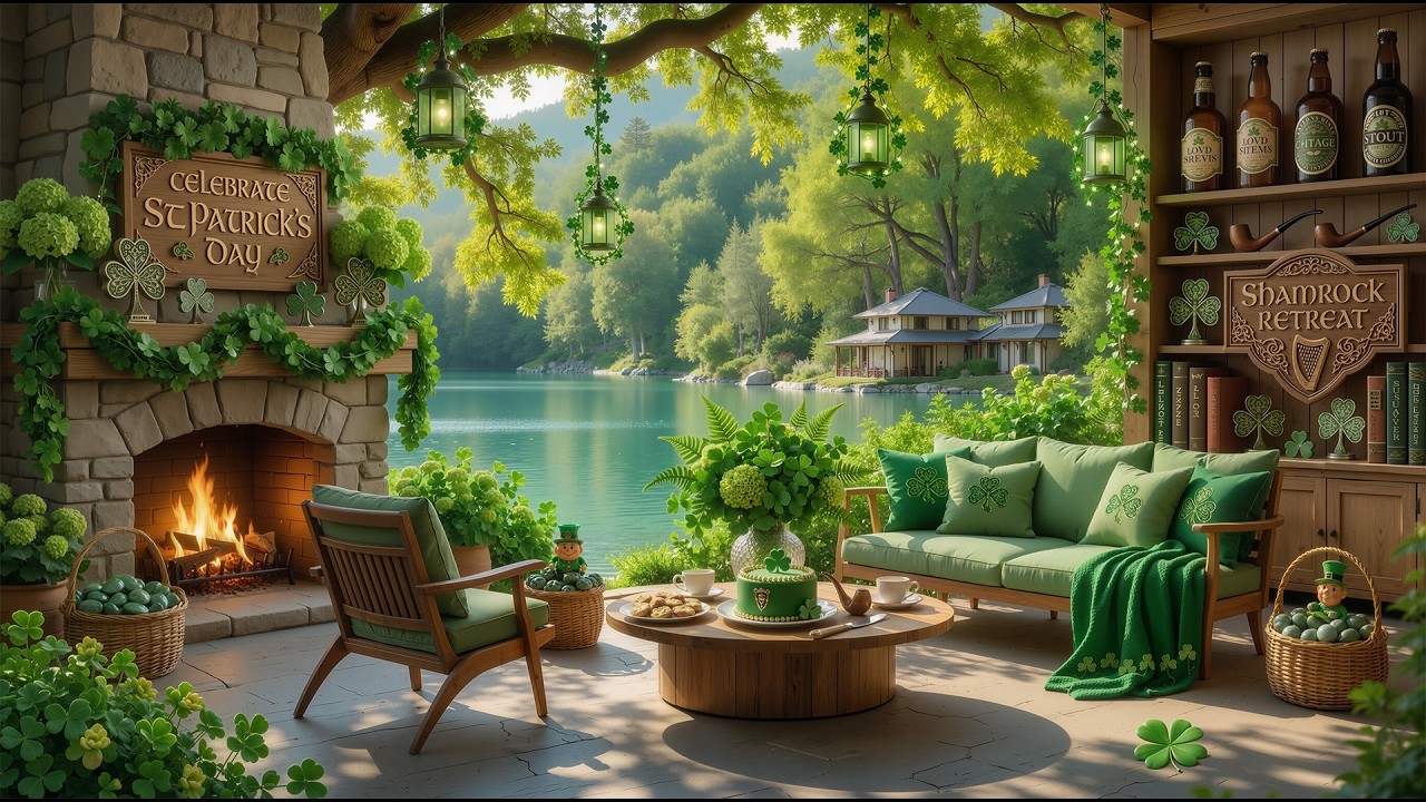 Cozy St Patrick’s Day Cabin Ambience ☘️ Crackling Fireplace & Relaxing Piano Music