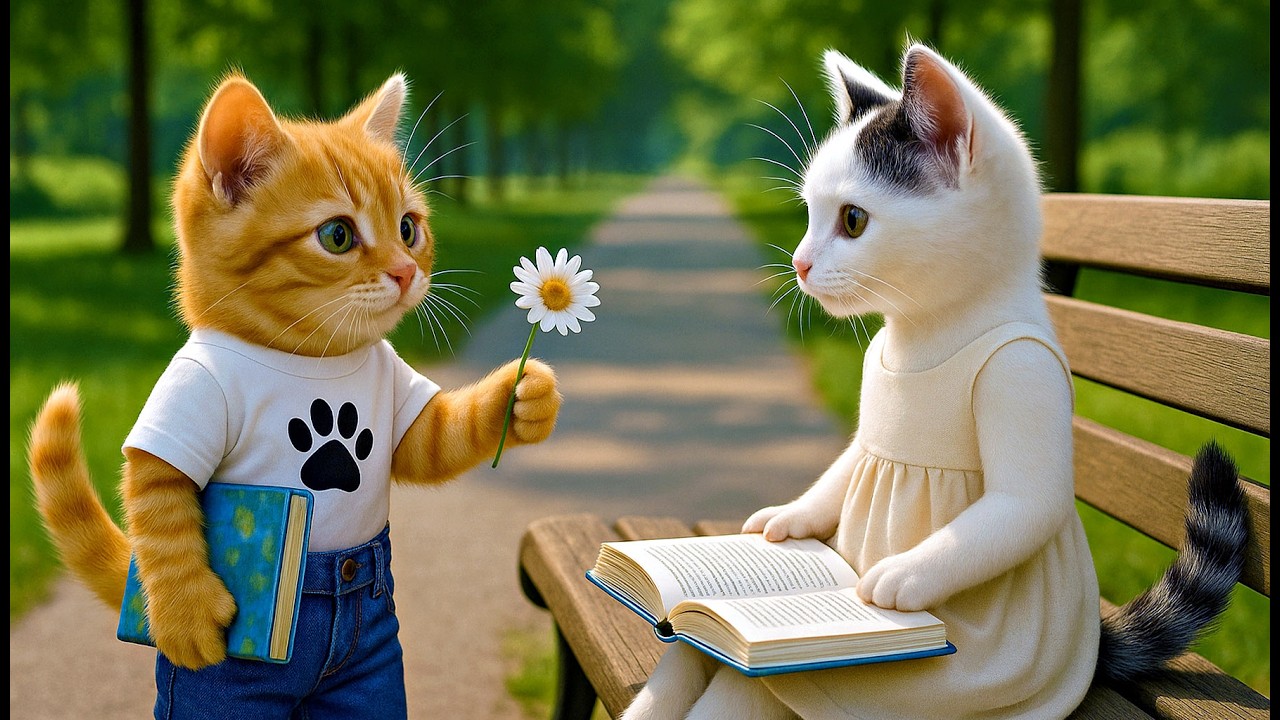 📖 Little Kitten Meets a New Friend: A Park, a Book, and a Daisy 🌼🐾