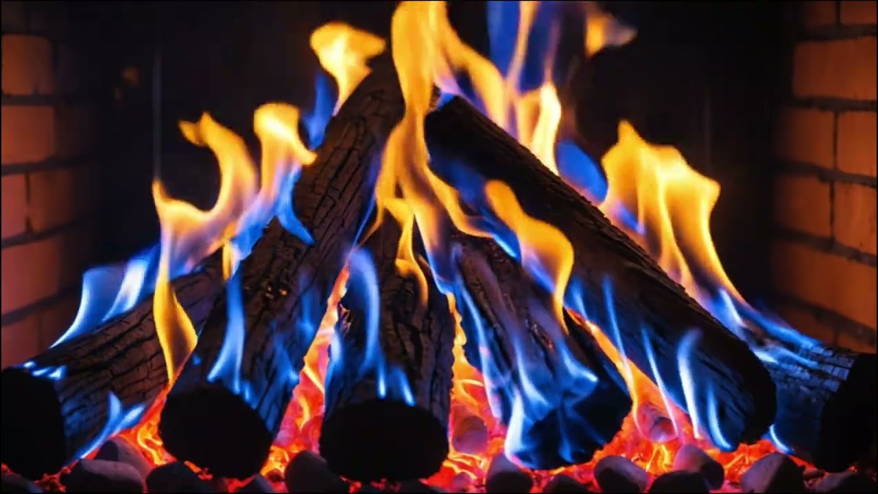 Deep Relaxation & Stress Relief with Blue and Golden Fireplace Flames over Glowing Red Embers