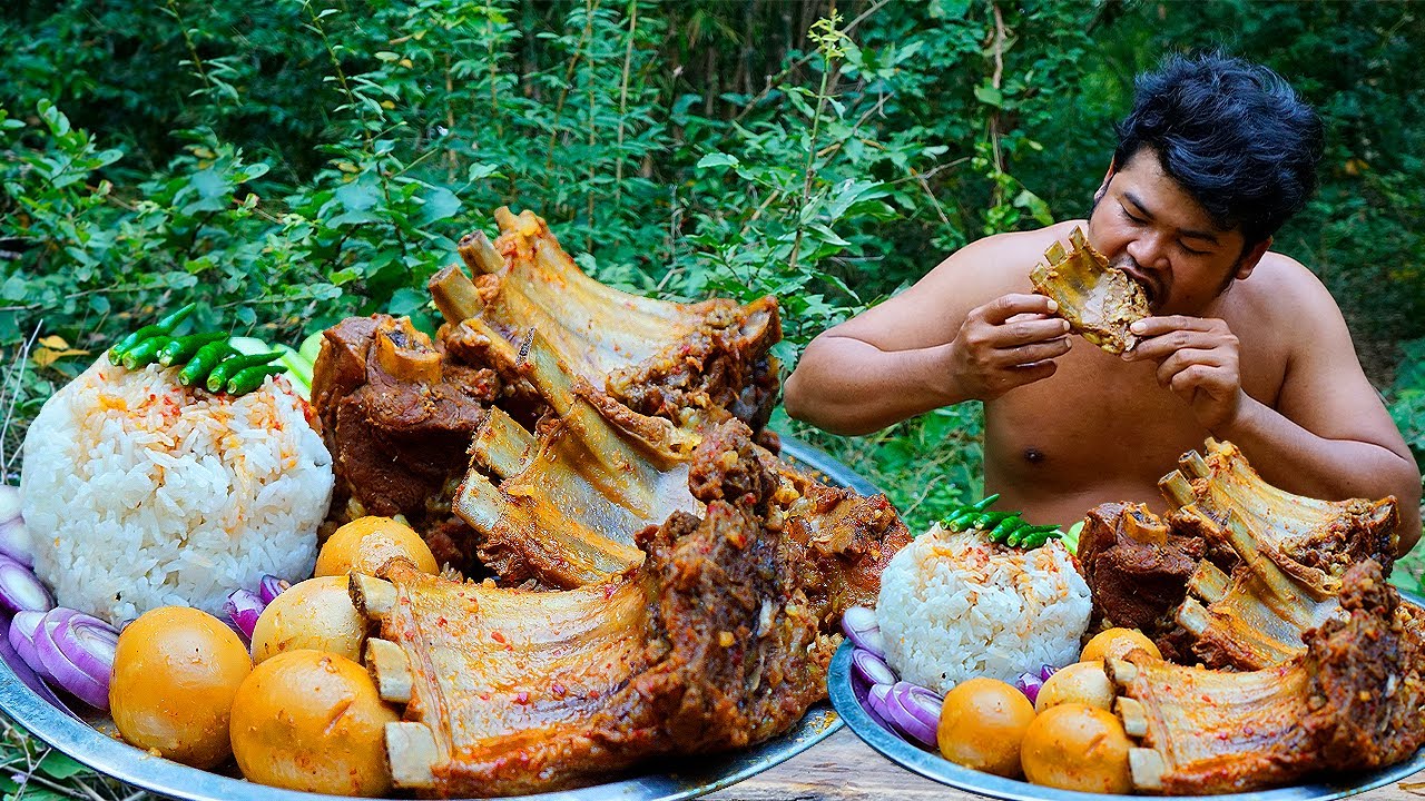 Wilderness Cooking Skill-Cooking Mutton Ribs Masala Spicy Curry Recipe Eating Delicious In Forest