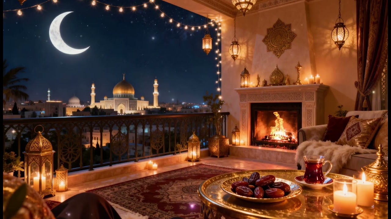 Ramadan Iftar fireplace ambience🌙cozy night balcony & peaceful fire sounds background wallpaper