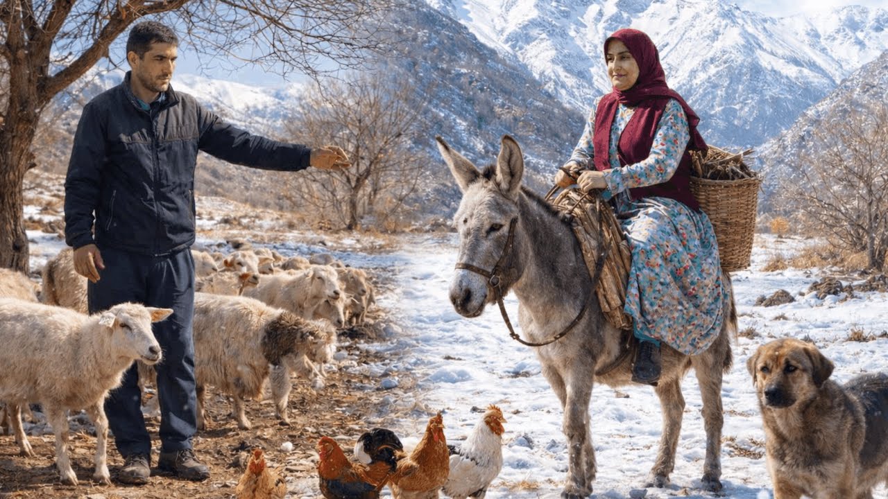village life in the most remote mountains of Iran and a girl riding a donkey, a fire with firewood