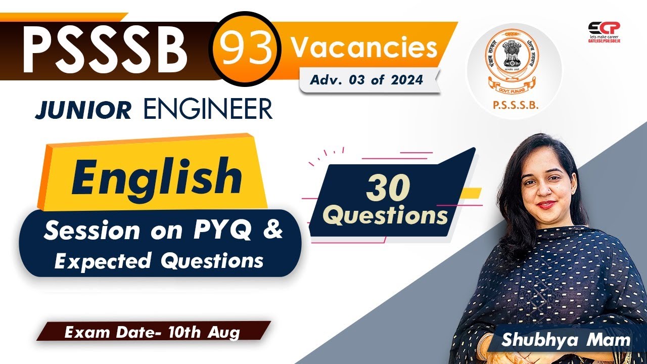 English 30 Questions | PSSSB JE PYQ & Expected Questions for 10th Aug Exam