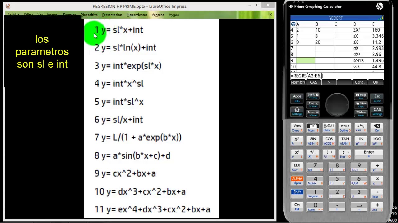 HP PRIME REGRESION EN LA  HOJA CALCULO