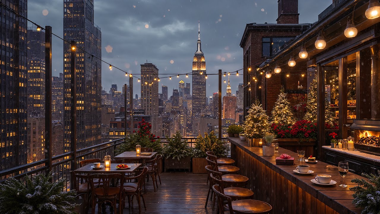New York Rooftop Jazz Café ☕ Cozy Fireplace Ambience & Smooth Jazz Music for Study, Work