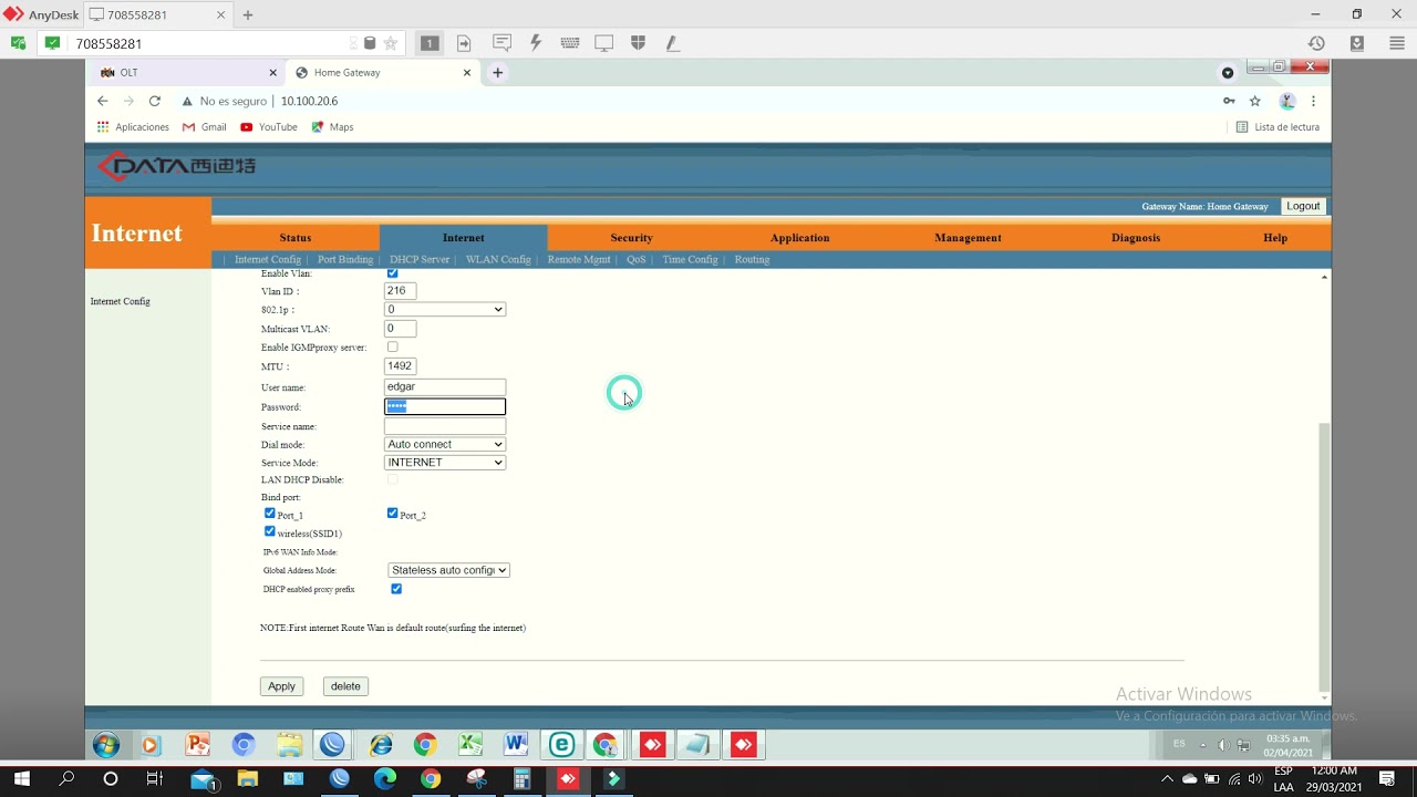 Configuración de ONU  GPON C-DATA con VLAN de servicio de internet y PPPoE