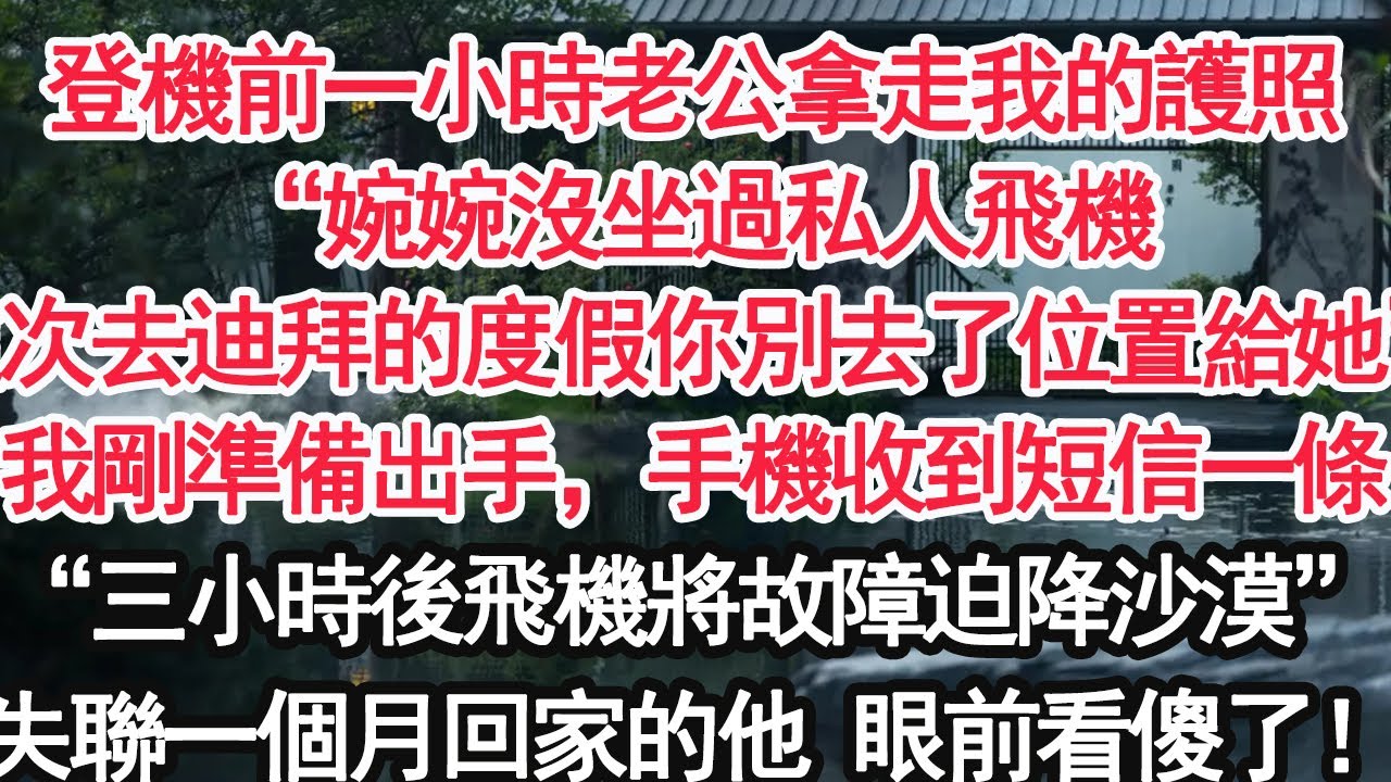 登機前一小時老公拿走我的護照“婉婉沒坐過私人飛機這次去迪拜的度假你別去了位置給她”我剛準備出手，手機收到短信一條“三小時後飛機將故障迫降沙漠”失聯一個月回家的他 眼前看傻了！【顧亞男】【大女主】