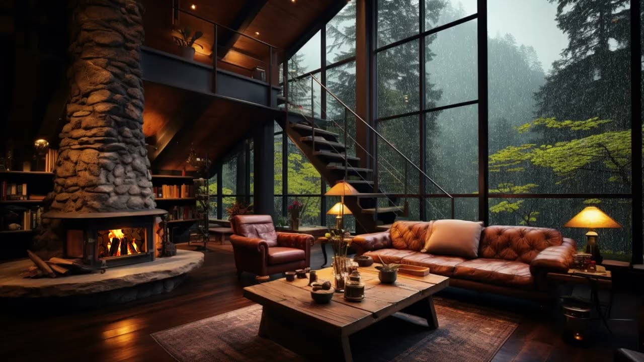 Relaxing Rainstorm And Fireplace | Cozy Forest Cabin Ambience For Deep Sleep And Stress Relief