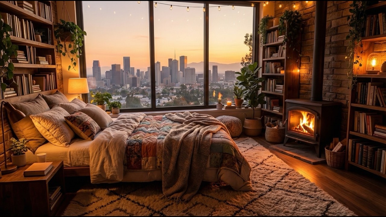Golden Hour City View 🌆 Relaxing Jazz & Cozy Fireplace Ambience