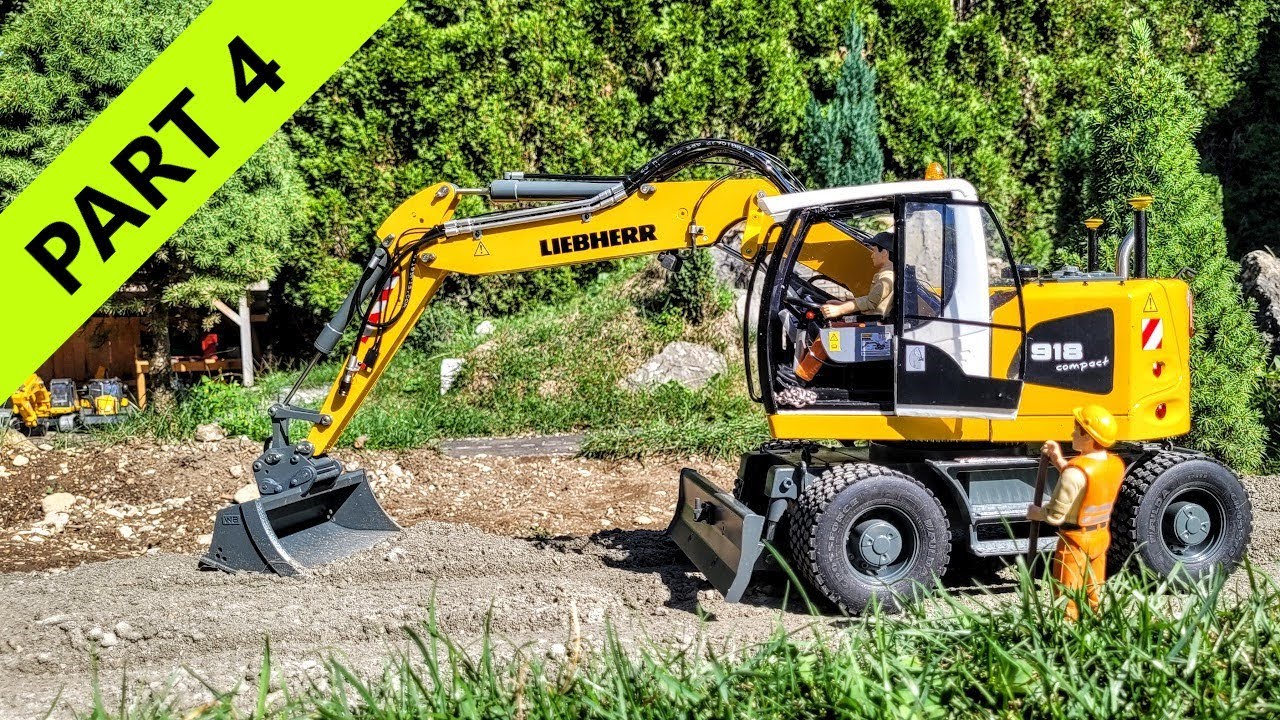 Bridge construction. RC Scale Excavator, Liebherr A918,, Voegele Finisher, Scania truck. PART 4