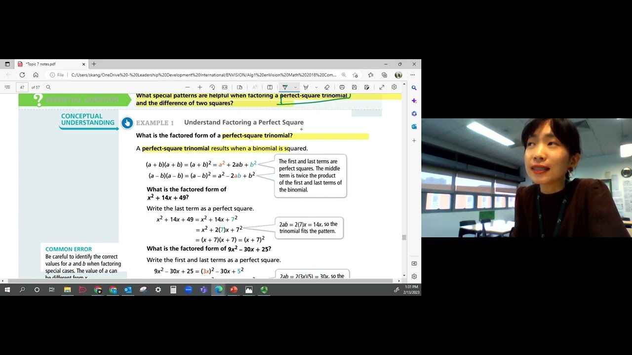 EnVision Algebra 1 Lesson 7-7: Factoring Special Cases