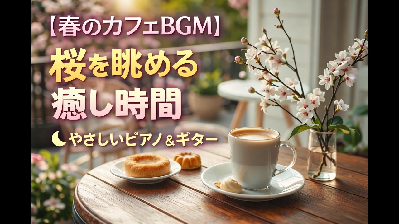 春のカフェBGM｜桜を眺めながら過ごす癒しの時間🌸やさしいピアノとギターでリラックス　 | Peaceful Cherry Blossom Coffee Time　Piano & Guitar