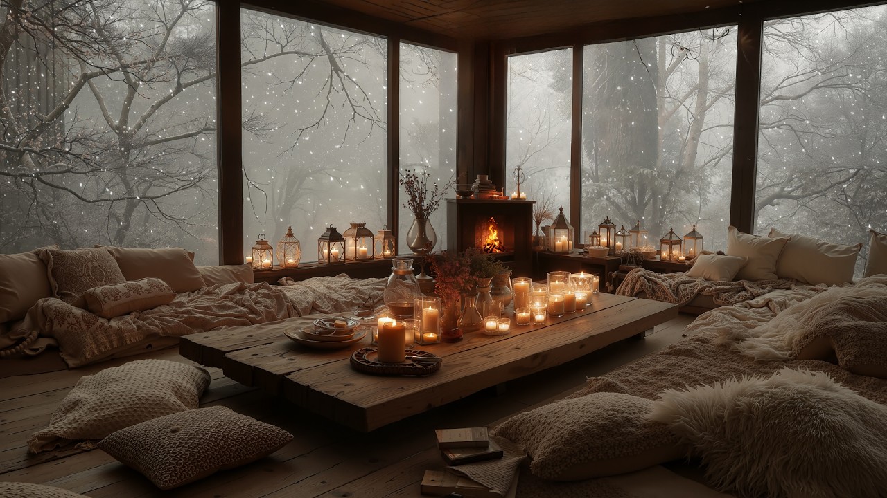 Warm March Night in a Forest Cabin 🌙 Soft Piano, Falling Snow & Cozy Fireplace Ambience for Sleep