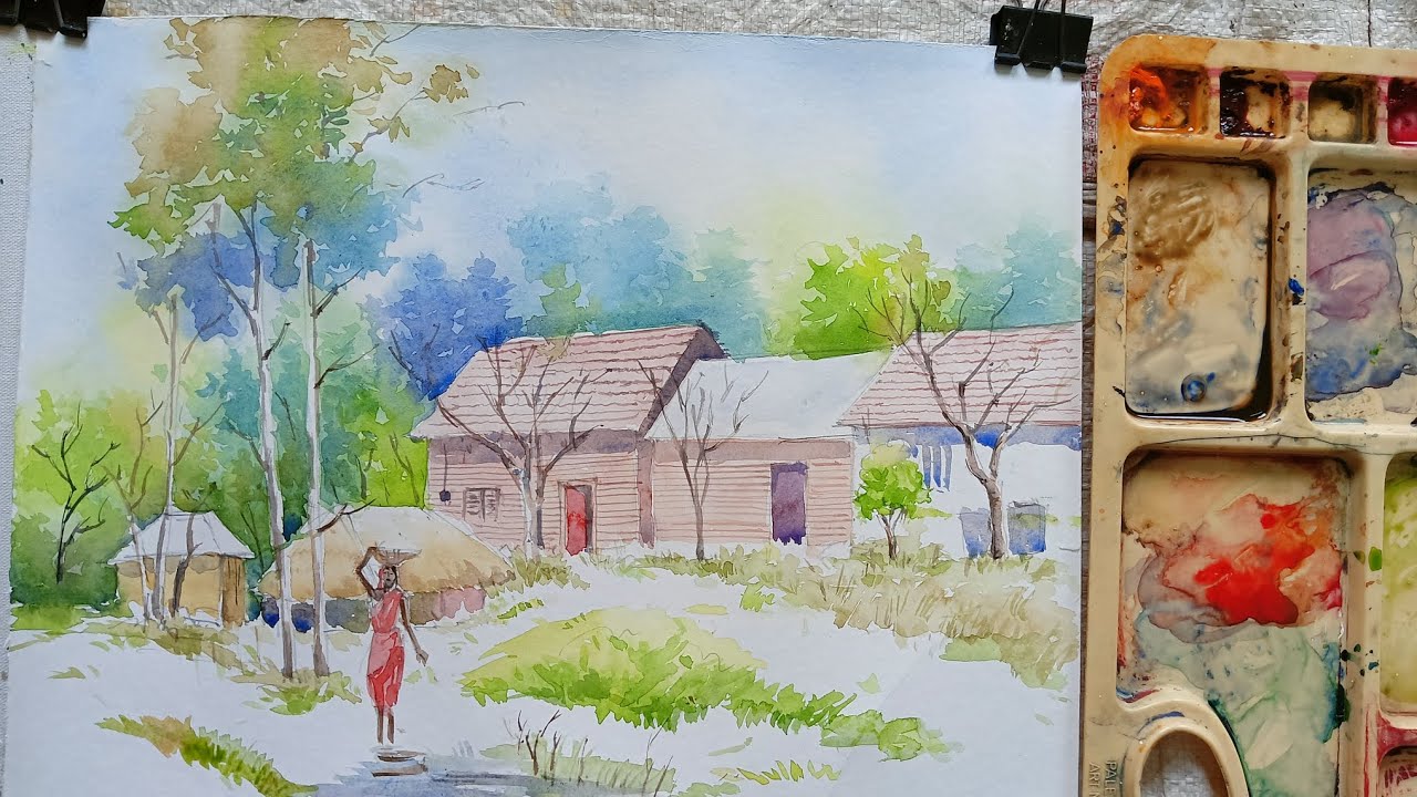 Simple water colour outdoor scenery for beginners  #drawing #art #painting #village #villagelife 