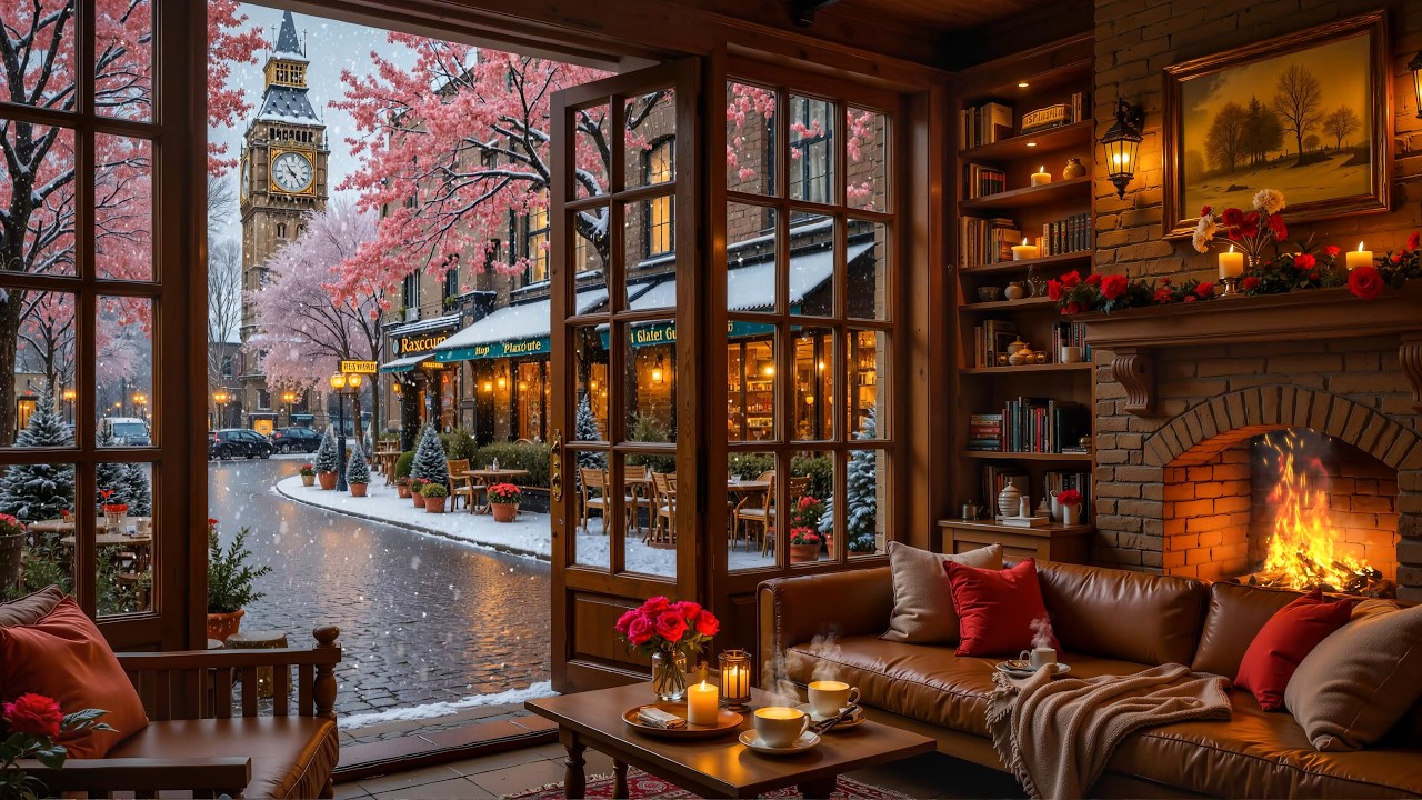 Peaceful February Winter Fireplace Ambience ❄️ Cozy Jazz Music & Quiet Snowy Day for Relaxation