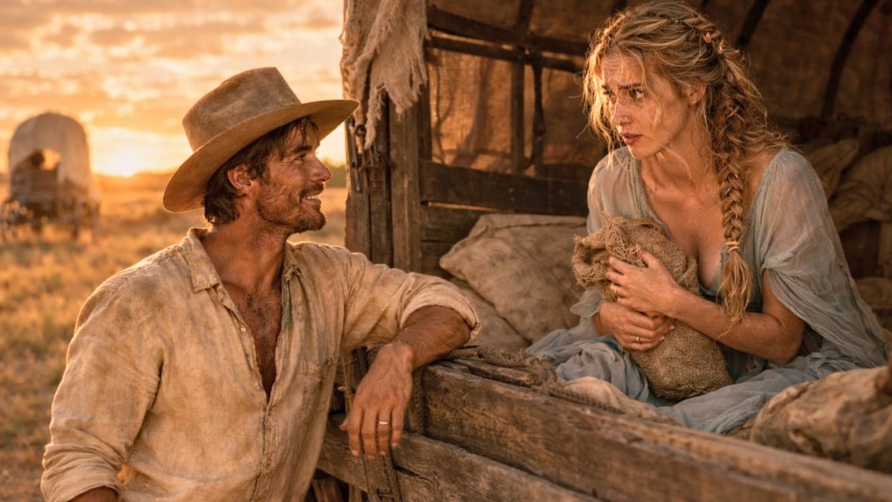 The girl was hiding in the cowboy's cattle wagon, and he smiled and said, I suppose you're home now,