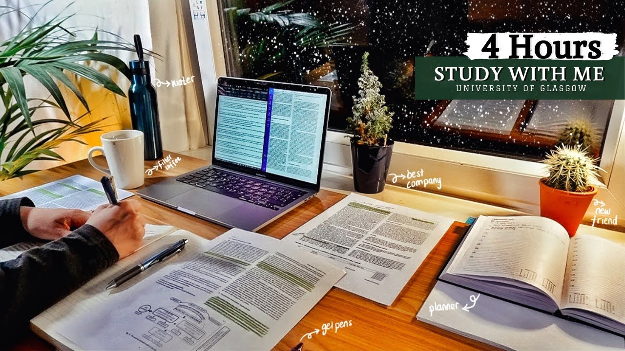 4 HOUR STUDY WITH ME on a RAINY Night | Background noise, 10-min break, No Music