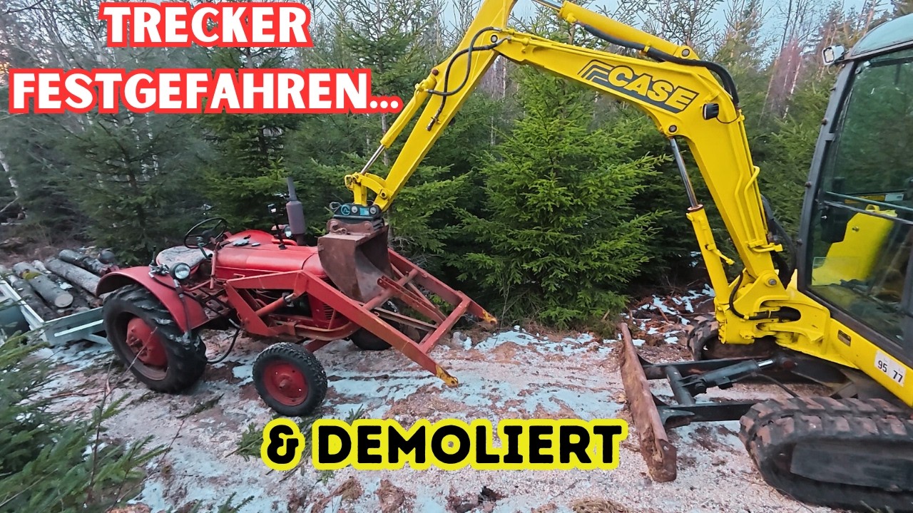 Trecker festfahren und demolieren beim Brennholz holen im Wald