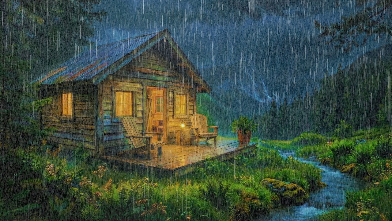 Heavy Rain at a Cozy Cabin for Deep Sleep