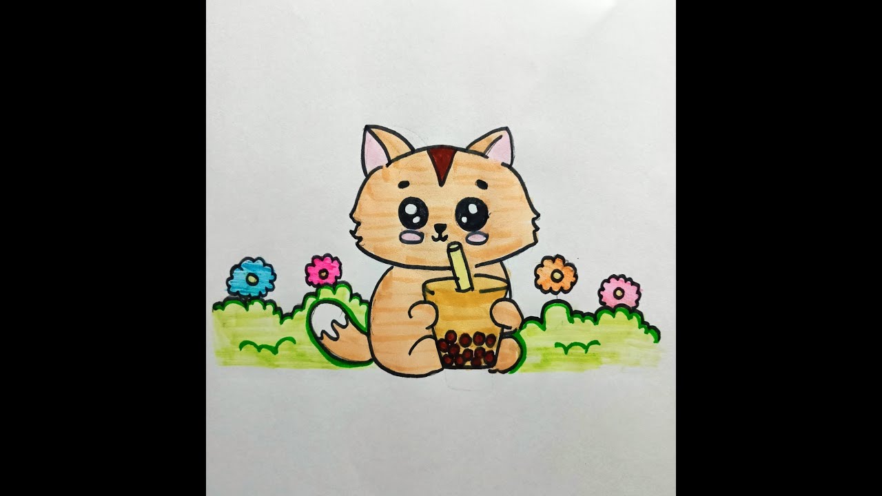 Drawing cute cat drinking boba tea