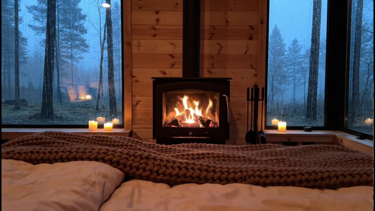 Cozy Cabin Fireplace Ambience with Gentle Rain Outside for Deep Sleep and Relaxing Winter Nights