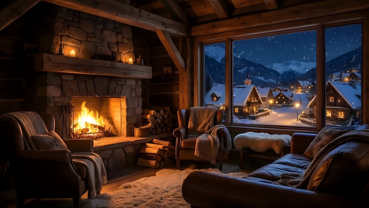 Cozy Cabin Fireplace Ambience ❄ Snowy Village Winter Night | Crackling Fire Sounds