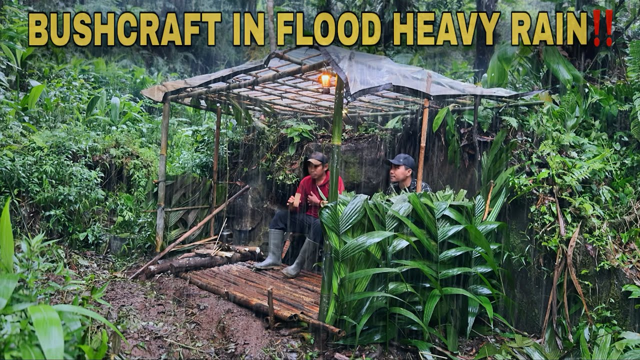 SUPER HEAVY RAIN BUSHCRAFT CAMP - Building a Cozy Shelter Beside a Flooded River and a Massive Rock