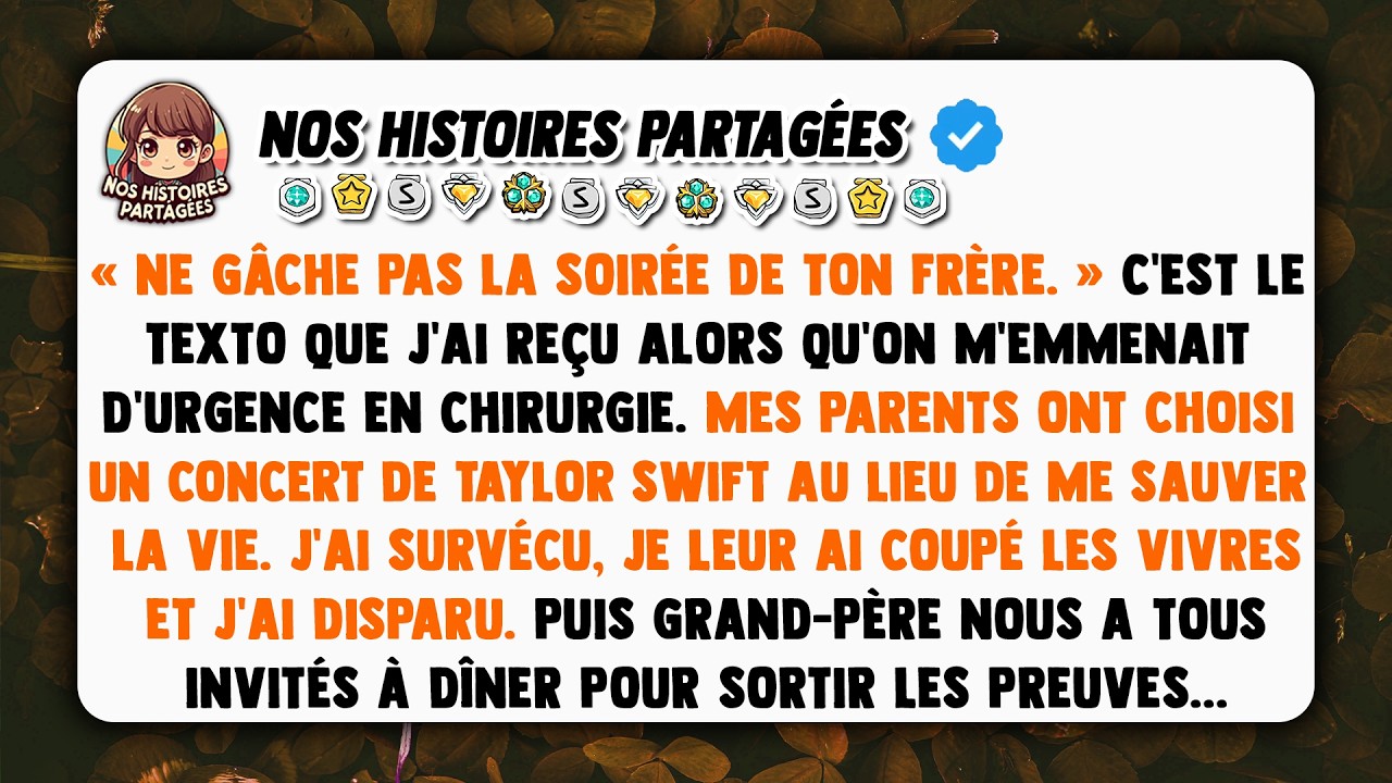 «Ne gâche pas la soirée de ton frère.» c'est le texto que j'ai reçu alors qu'on m'emmenait d'urgence