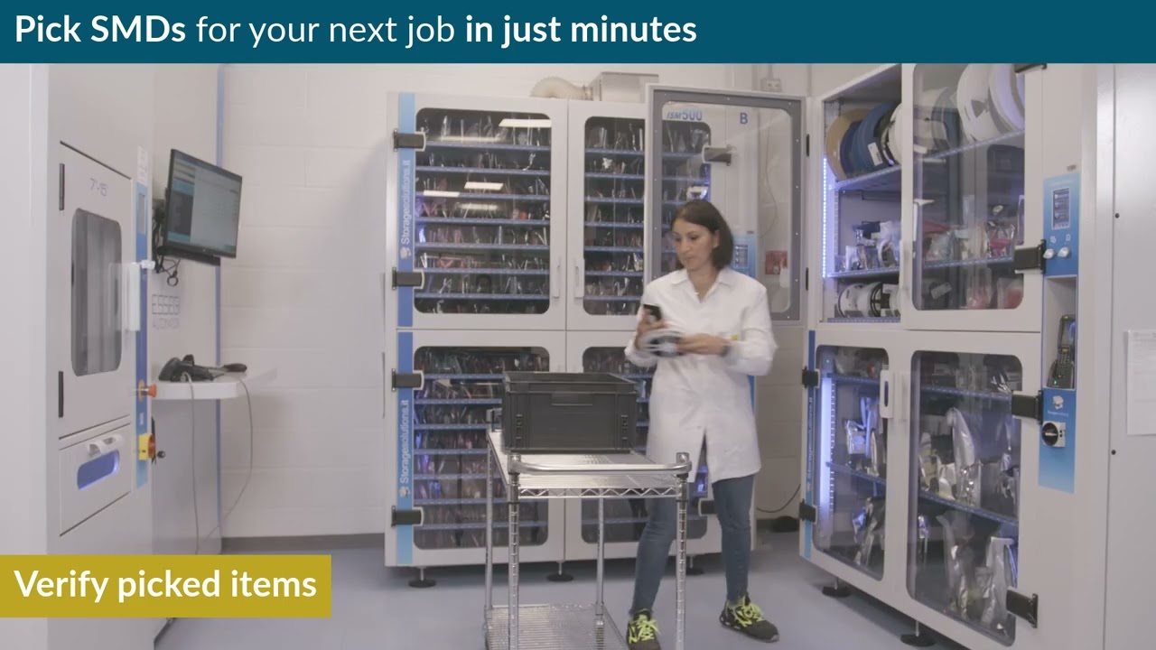 Fast SMD picking for a new job in just minutes | Essegi Storage Solutions 3600 tower & 500 cabinet