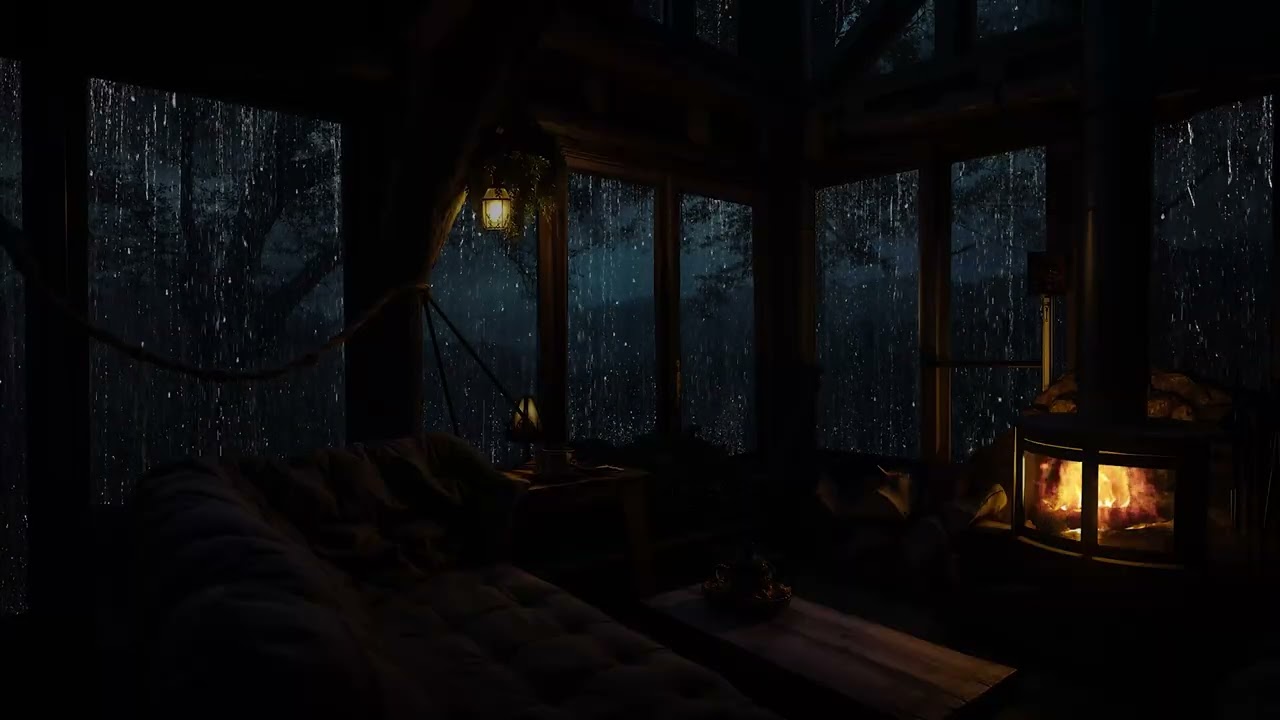 Relaxing Rain and Fireplace Sounds in Cozy Cabin Night for Sleep and Relaxation