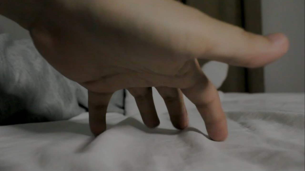 ASMR Hand movements/ face touching in bed with Rain sounds (behind you)
