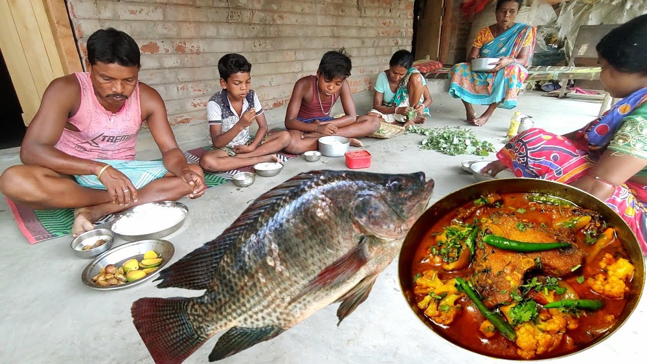Village tribal people cooking fish & Cold water rice meal|How to fish curry at home|Poor cook & eat