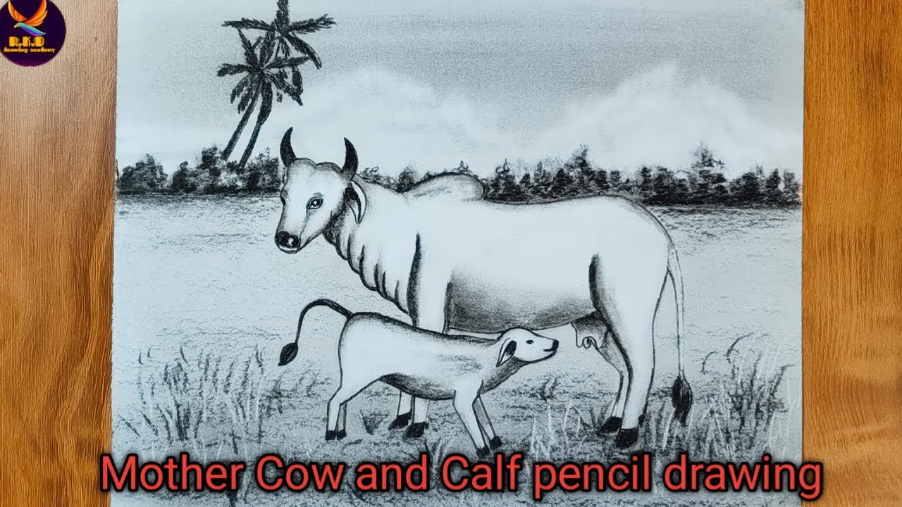Cow and calf pencil drawing/mother Cow and baby drawing 