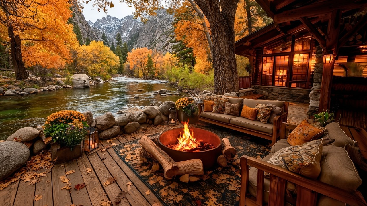Beautiful Autumn Cabin Porch | Bonfire, Forest River & Peaceful Nature Sounds Ambience