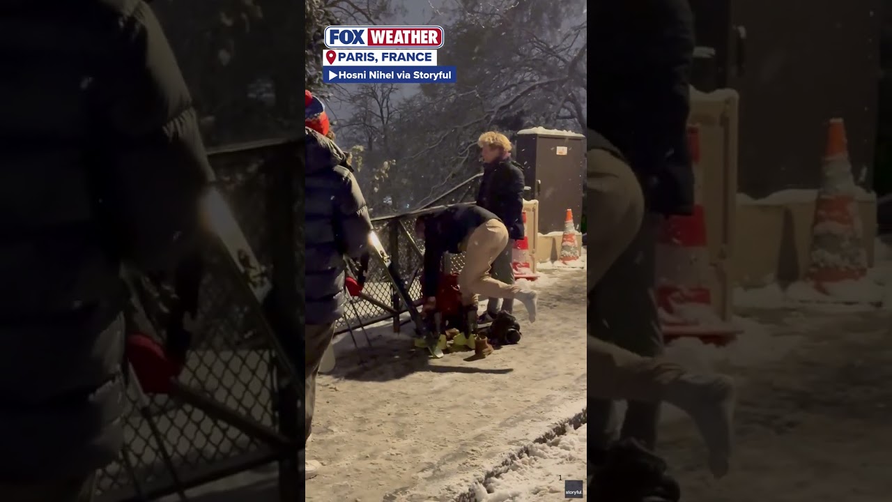 Rare Winter Storm In Paris, France Invites Skiers To Showcase Their Skills On The Streets