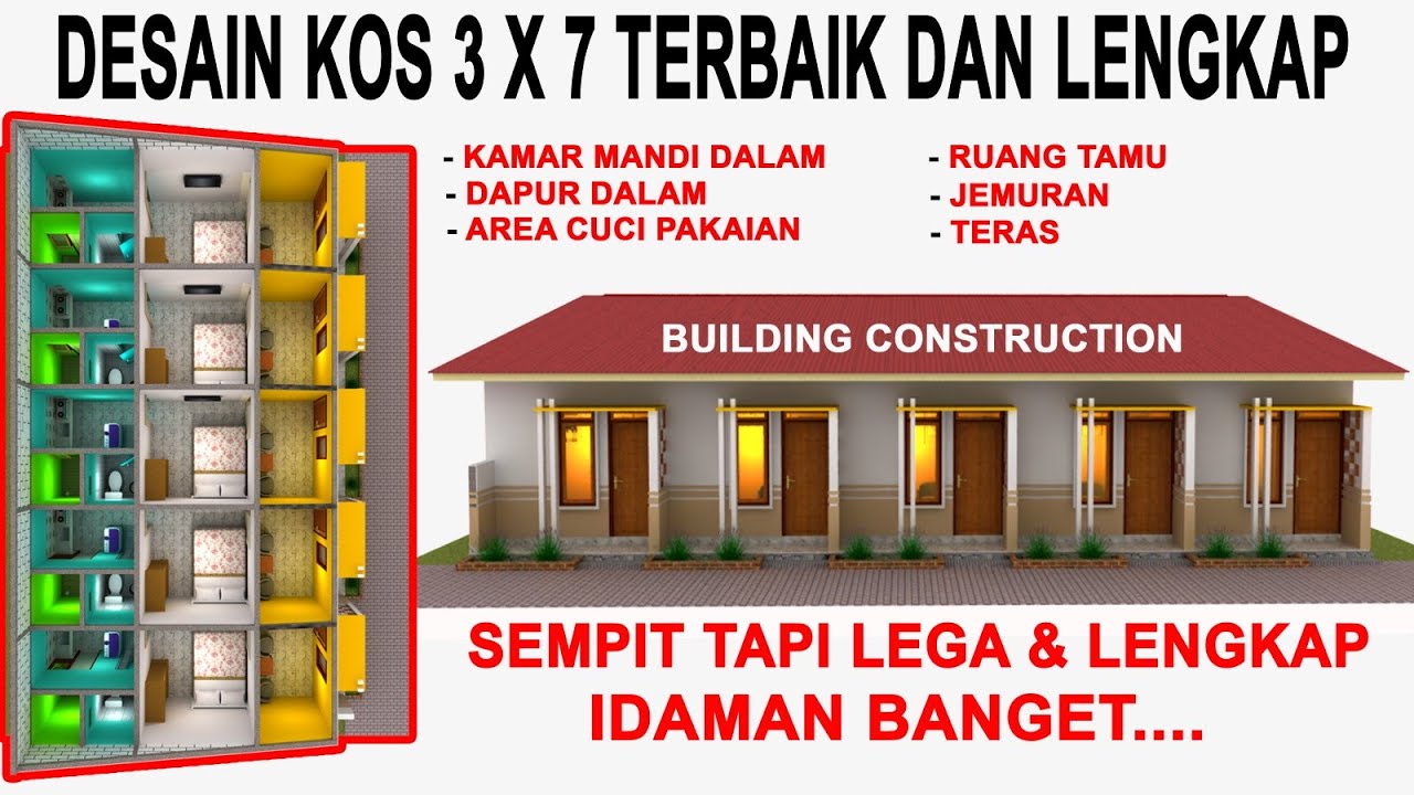 DESAIN KOS KOSAN 3 x 7 M || Kamar Mandi Dalam, Ruang Tamu, Dapur Ruang Cuci, Jemuran Dan Teras