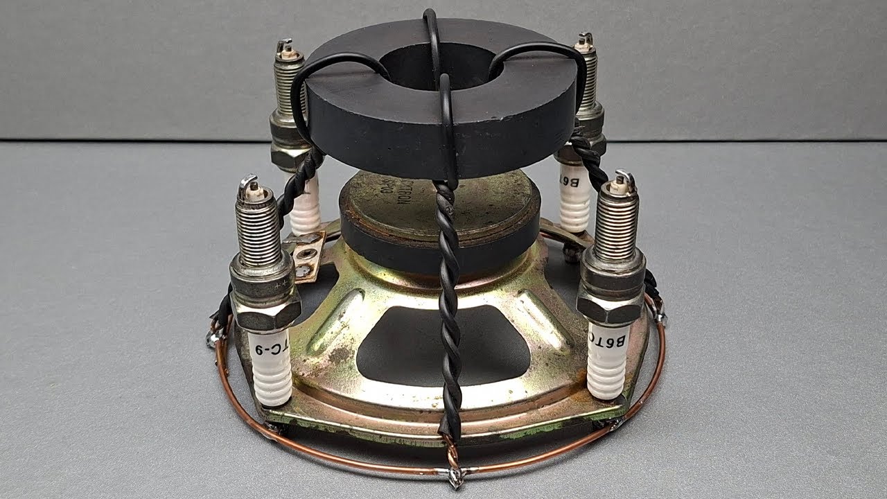 Amazing free energy generator from speaker gear with spark plug! Electricity 220v for home use