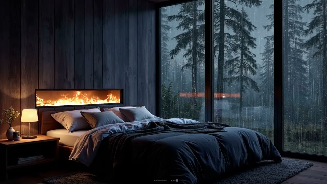 Luxury Fireplace Rain Piano | Soft Bedroom Piano Ambience for Deep Sleep and Calm