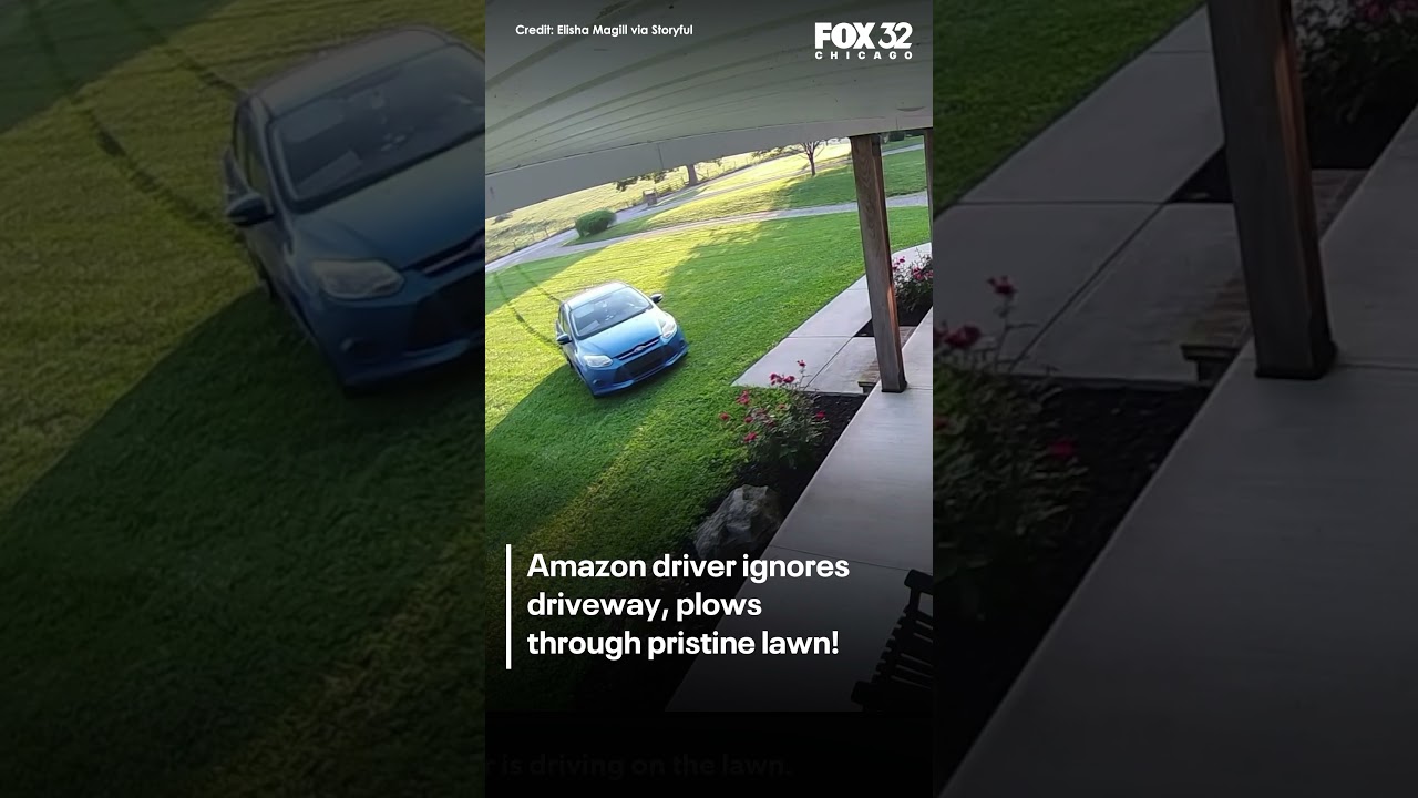 Watch: Amazon driver cuts across freshly cut lawn in Indiana