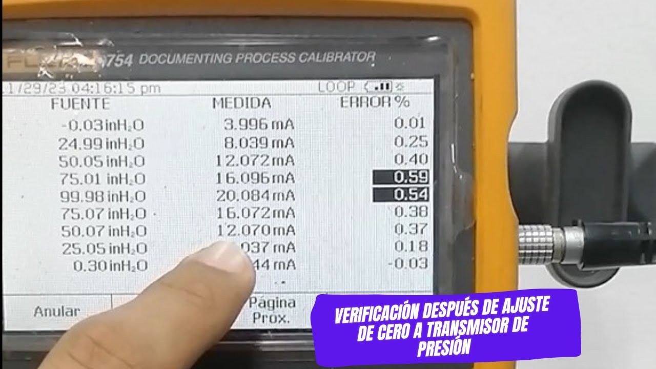Verificación después de ajuste de cero a transmisor de presión