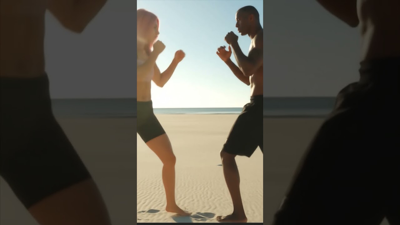 Intense Beach Brawl: Female Fighter vs. Muscular Man - Sand Action!