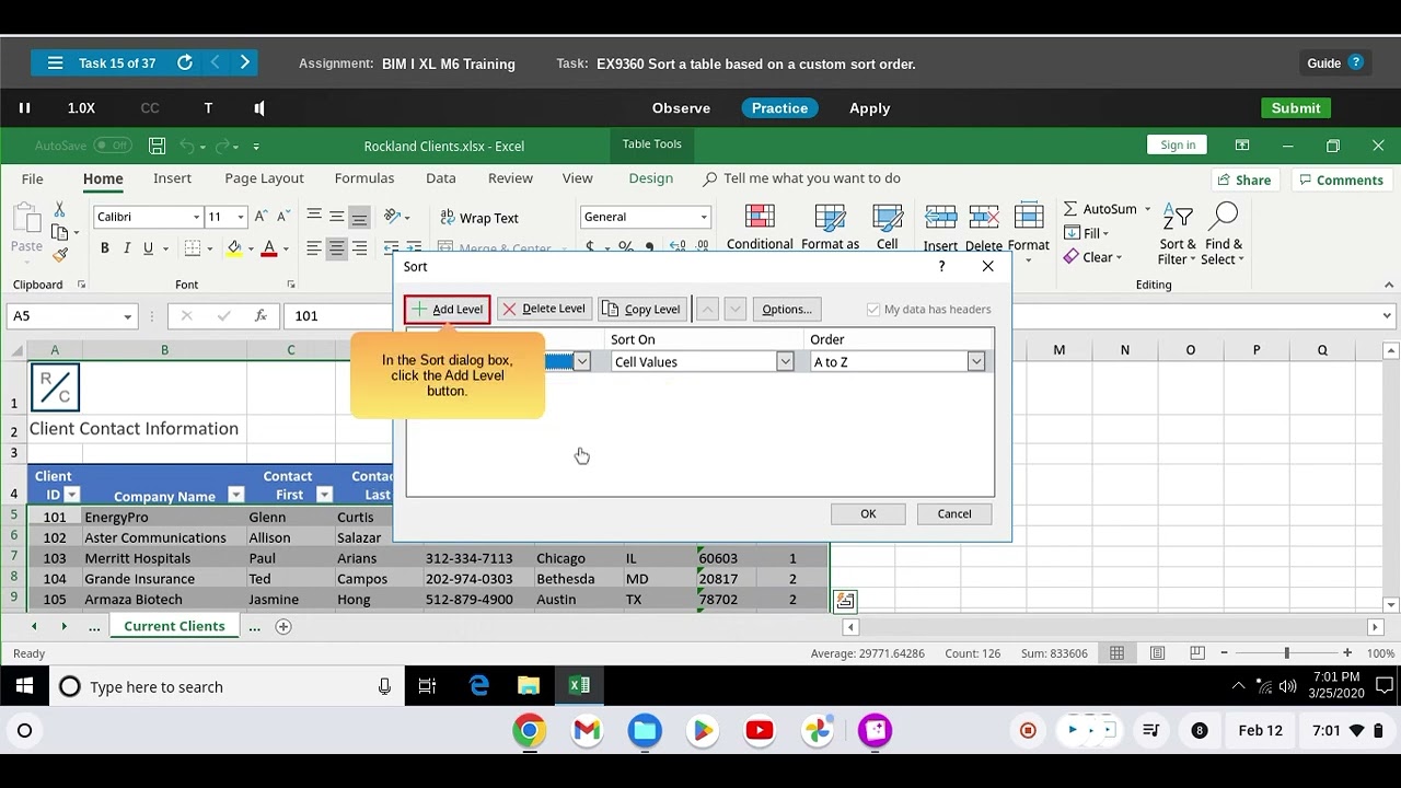 BIM I Excel Module 6 Training Task Tutorial: EX9360 Sort a table based on a custom sort order.