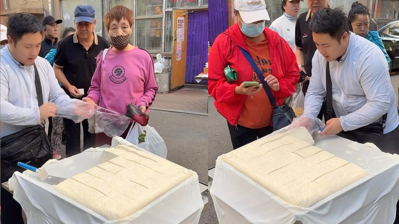 Selling tofu on the street, Chinese street food.